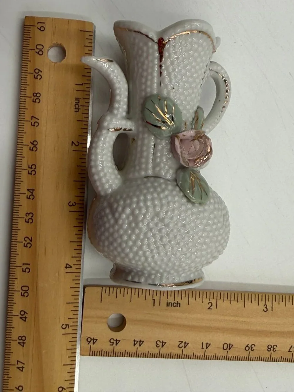 Japan White Hobnail Porcelain Bud Vase Pink Applied Rose Flower 4 in Vintage